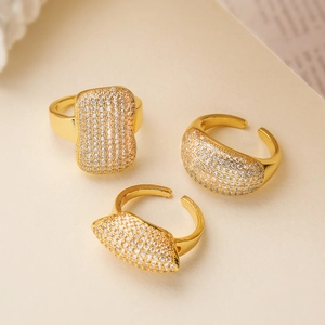 Geometric Open Ring 18K Gold Plated Copper Micro Pave Zircon Adjustable Fashion Jewelry For Women