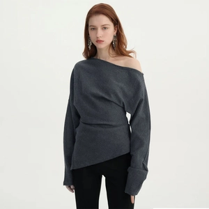 One Shoulder Long Sleeve Top Asymmetric Neckline Ribbed Knit Solid Color Slim Fit Casual Fashionable Elegant Women