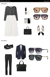 Flat lay of aviator sunglasses paired with professional business attire for men and women