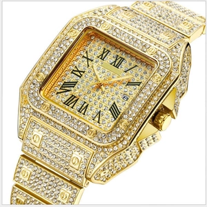 Luxury iced out gold square watch with roman numerals and calendar display for business
