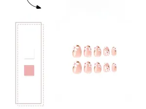 Macro shot of 10-piece pink press-on nails with white flower patterns and glossy finish