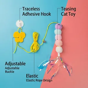 Retractable hanging cat toy with suction cup and colorful plush worm with tassel