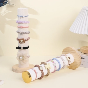 Hair Scrunchie Display Stand Solid Wood Base Velvet Bracelet Holder Cylindrical Jewelry Storage Vertical Rack Metal Cap