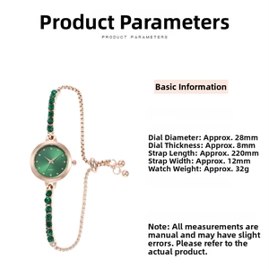 Detailed specs of rose gold quartz watch with green dial and adjustable bead chain