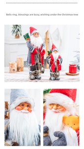 Detailed close-up of Santa Claus dolls with fiber beards and classic grey-red outfits