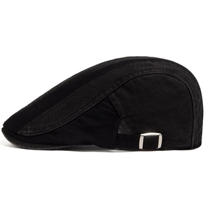 Men's black cotton beret cap with adjustable side buckle and twill texture fabric