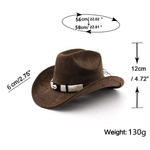Detail view of brown cowboy hat with ethnic band and shell ornament measurements