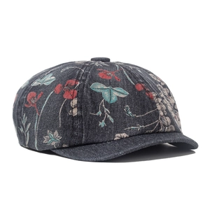 Ethnic denim beret for women with floral print and vintage newsboy painter cap style