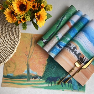PVC placemat set with oil painting horse design and heat-resistant woven texture