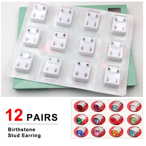 Detailed set of 12 pairs of sterilized birthstone stud earrings in assorted vibrant colors