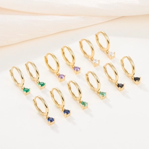 Elegant 925 silver gold hoop earrings with colorful round zircon charms in 6 colors