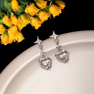 Silver drop earrings with sparkling four-pointed star and crystal heart charms