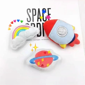Cartoon plush astronaut theme brooches featuring rainbow cloud, rocket and pink planet