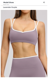 Detail of taro purple sports bra with cross back straps and contrast white piping trim