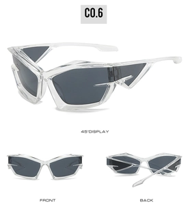 Three-way view of cat eye sunglasses with futuristic transparent frame and gray lenses