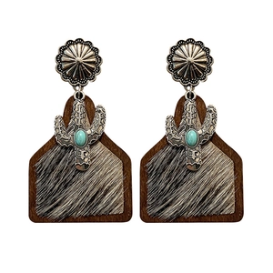 Bohemian Western earrings with leather, leopard fur, and turquoise in metal frames