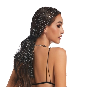 Rhinestone Mesh Headpiece Faux Artificial Pearl Hollow Fishnet Veil For Party Nightclub Chic Hair Accessory