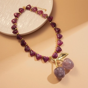 Purple acrylic heart cherry pendant necklace with gold metallic beads for women