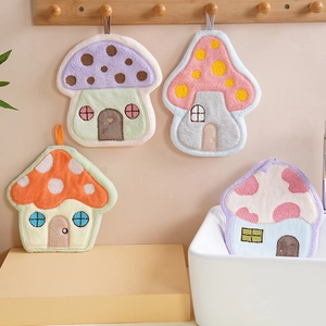 Hanging coral fleece hand towels with cute mushroom house design in four pastel colors