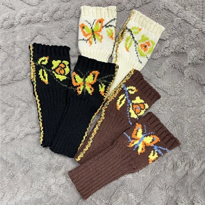 Winter knitted fingerless gloves for women with butterfly floral embroidery in three colors