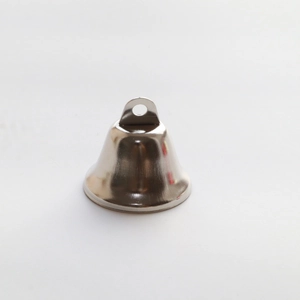 Detailed close-up of a 38mm silver metal bell with a hanging loop on white background