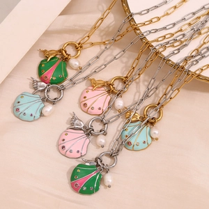 18K gold plated shell pendant necklace with colorful rhinestones and paperclip chain