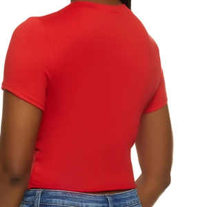 Detail view of the slim-fit red short sleeve T-shirt showing back design and cut