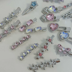 Pink and blue rhinestone hair clip set with silver alloy stars and heart shapes
