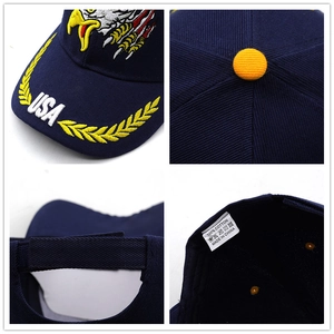 Navy baseball cap with USA embroidery and eagle patch shown from multiple angles