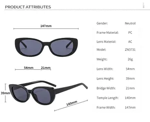 Detailed size parameters of white PC frame sunglasses including lens width and bridge width