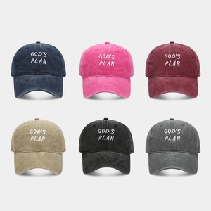 Set of six washed cotton baseball caps with GOD'S PLAN embroidery in various colors