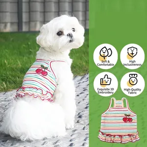 Pet Dog Dress Cotton Spandex Rainbow Striped Cherry Embroidery Ruffle Hem Summer Cute Princess Outfit For Small Dogs