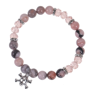 Detail of pink crystal beads and grey marble stones with silver skull charm bracelet