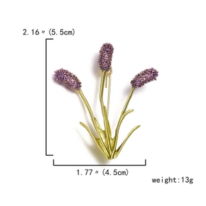 Lavender flower brooch dimensions 5.5cm by 4.5cm showing size and weight specs