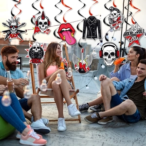 Rock theme party decorations with skull, guitar, and vinyl hanging swirls set