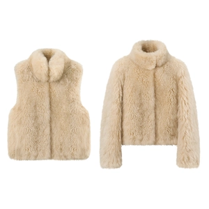Faux fox fur cashmere vest and jacket in beige with stand collar and plush texture