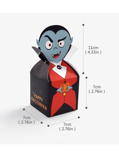 Detail view of vampire monster Halloween candy box with dimensions and Happy Halloween text