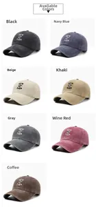 Detail view of washed cotton baseball caps in multiple retro colors with NY embroidery