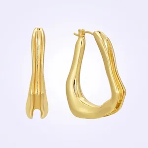 Modern Irregular Smooth Surface Hoop Earrings Brass 18K Gold Plated Minimalist Geometric Fashion Jewelry Gift For Women