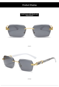 Detail of rimless gradient sunglasses with gold metal bridge and marble textured temples