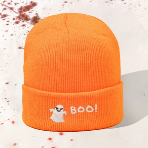 Orange knit beanie hat with BOO ghost embroidery for a casual autumn style