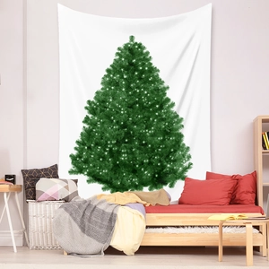Cozy bedroom setting with a Christmas tree tapestry hanging above a comfortable bed