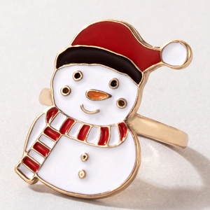 Detailed view of Christmas snowman ring with colorful enamel inlay on gold metal base