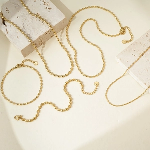 Elegant gold oval bead necklace and bracelet set made of high-quality polished titanium steel