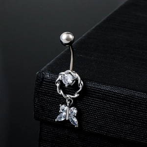 Surgical steel belly button ring with butterfly pendant and sparkling zircon stones