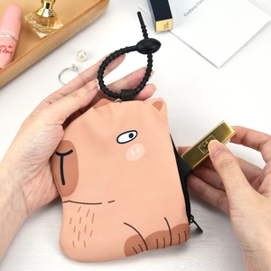 Cute Capybara mini storage pouch for earphones and lipstick with handy silicone strap