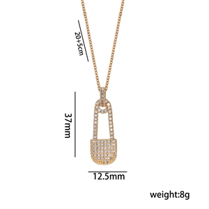 Rose gold safety pin necklace with pavé cubic zirconia, 20+5cm chain for women