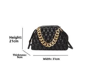 Detailed dimensions of the black quilted shell bag with gold chain and dimensions labeled