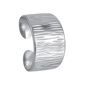 Minimalist wide geometric ring with silver tree bark texture and adjustable open design