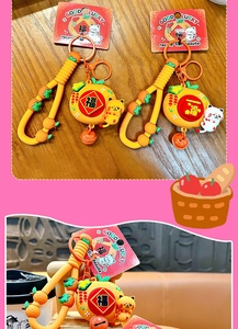 Cute fortune cat keychain with orange tangerine charm and silicone strap for good luck